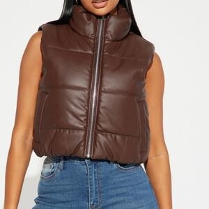 Fashion Nova Brown Puffer Vest with High Collar